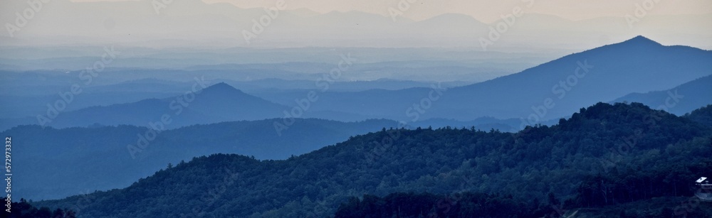 Blue Ridge Mountains, North Carolina, USA. Blue mountains panorama, mist in the distance