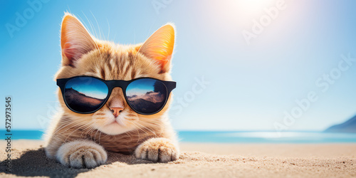 Chat à la plage. Vacances été. Chaton assis sur une plage de sable blanc. Generative AI © Beboy