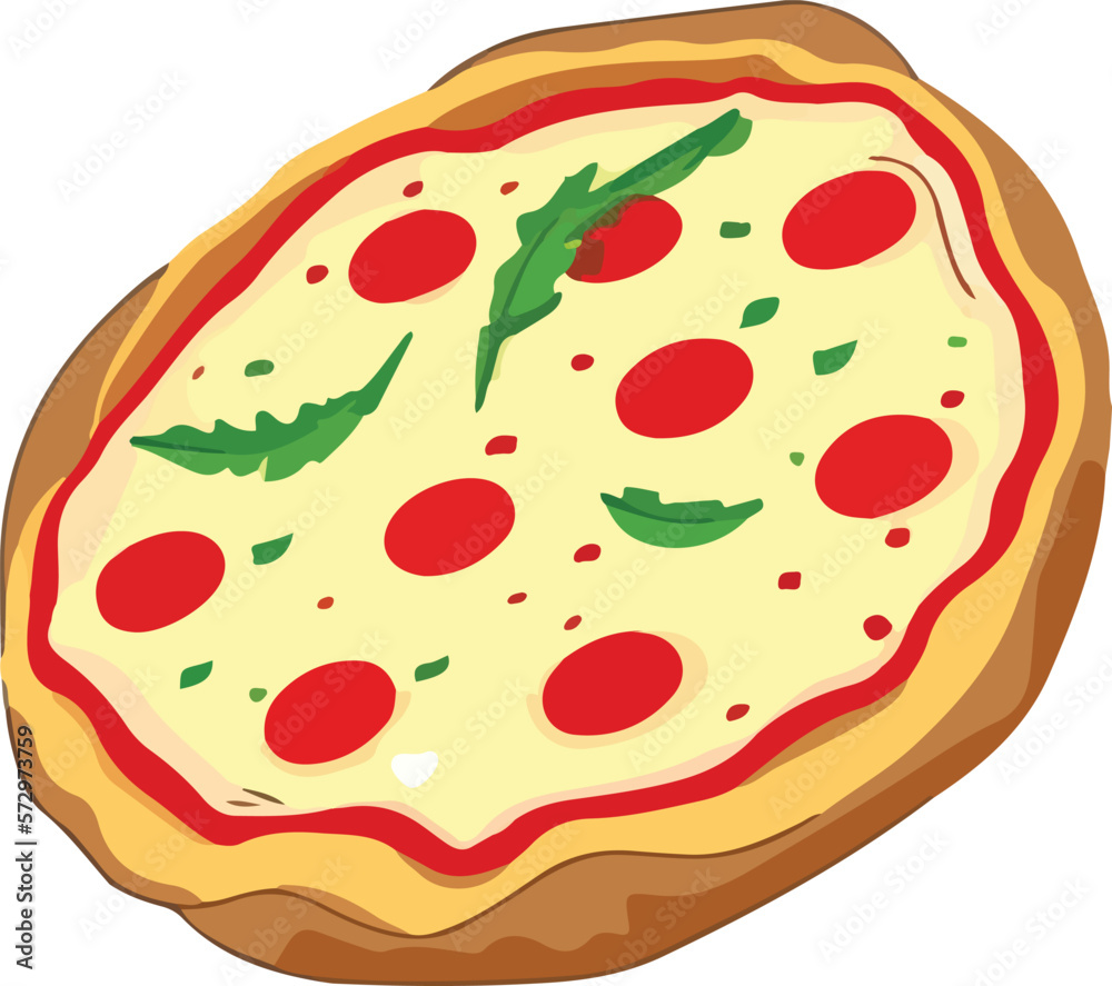 Delicious Pizza with Tomato and Mozzarella. Vector Illustration.