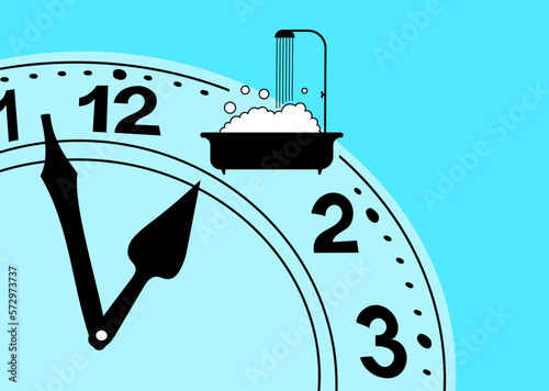 Time to take a bath or shower. The clock hand points to the bath. Flat vector illustration.