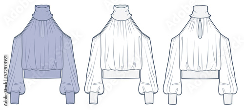 Cold sholder Top, Shirt technical fashion Illustration. Transparent Shirt fashion flat technical drawing template, rib cuff and collar, cropped, front and back view, white, purple, women CAD mockup.