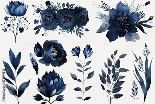 Fototapeta Naklejka Na Ścianę i Meble -  navy blue water color floral, Generative Ai