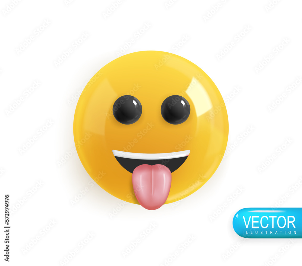 Emoji face funny shows tongue. Realistic 3d Icon. Render of yellow glossy color emoji in plastic cartoon style isolated on white background. Vector illustration Emoji face funny shows tongue. Realistic 3d Icon. Render of yellow glossy color emoji in plastic cartoon style isolated on white background. Vector illustration