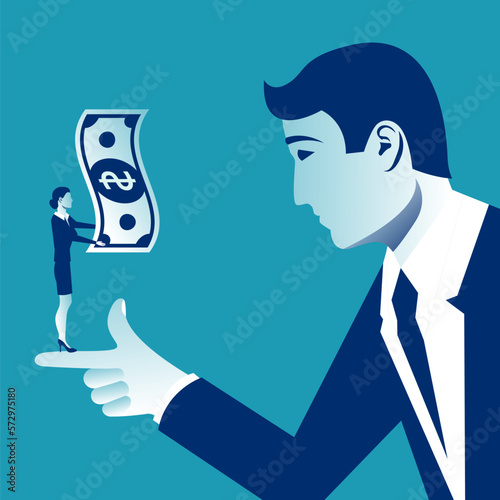 Investor of money. Businesswoman investor gives money to the entrepreneur. The concept of successful people. Vector illustration flat design. Isolated on background.