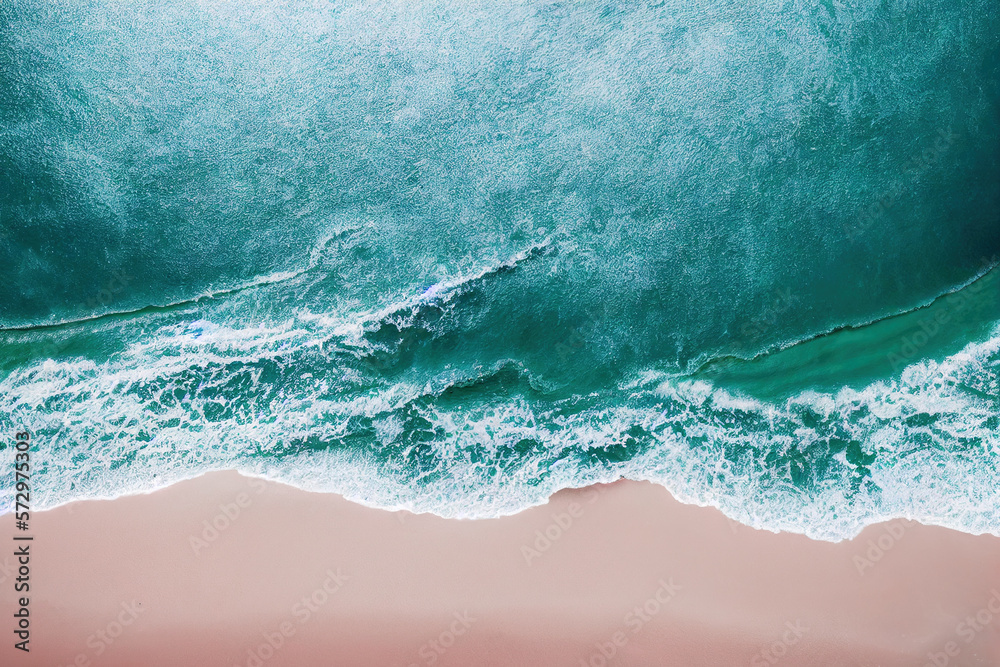 Spectacular top view from drone photo of beautiful pink beach with relaxing sunlight, sea water waves pounding the sand at the shore. Calmness and refreshing beach scenery. - obrazy, fototapety, plakaty 