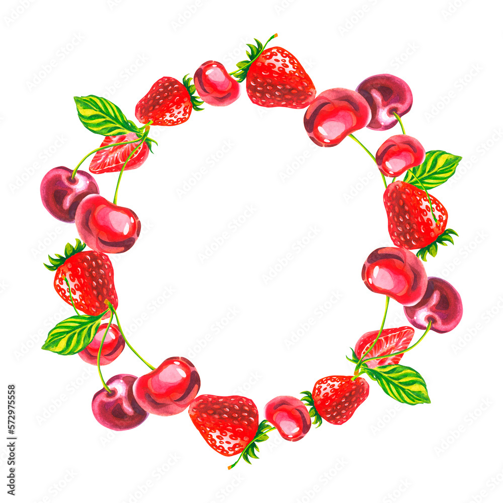 A wreath of cherries and strawberries. Watercolor illustration. Juicy berries. Hair decoration. Summer mood. A wreath of cherries and strawberries. Watercolor illustration. Juicy berries. Hair decoration. Summer mood.