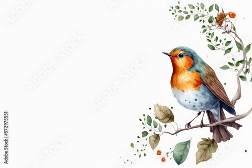 Fotografiet Robin bird, butterflies, branches and leaves in vintage watercolor style