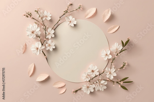 Spring cherry blossom flat lay design with blank copy space. Empty scene with sakura branch. Generative ai