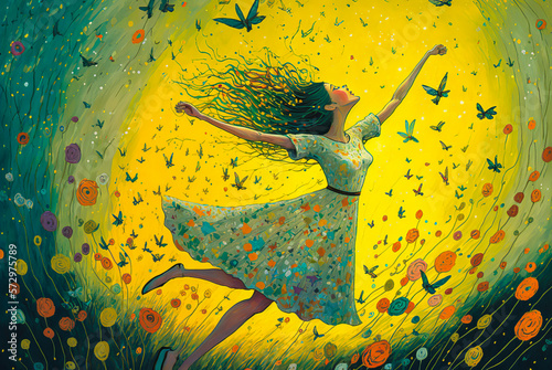 Joyful movement in a flowery field surrounded by birds and butterflies. Whimsical style, soft pastel colors. Emotion: Happiness, Freedom, Creativity. Generative AI