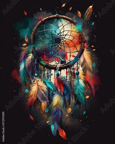 Abstract illustration of a colorful dreamcatcher. Generative AI