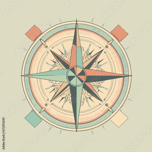 Compass wind rose in stylized and colored illustration created with Generative AI technology