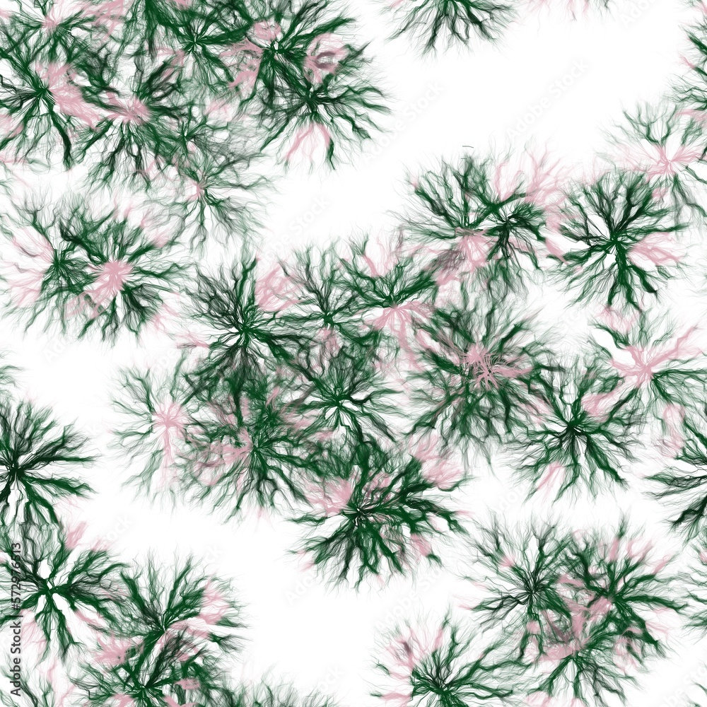 Dandelions.Handmade watercolor floral motive on white background. Green and pink colors. Seamless pattern