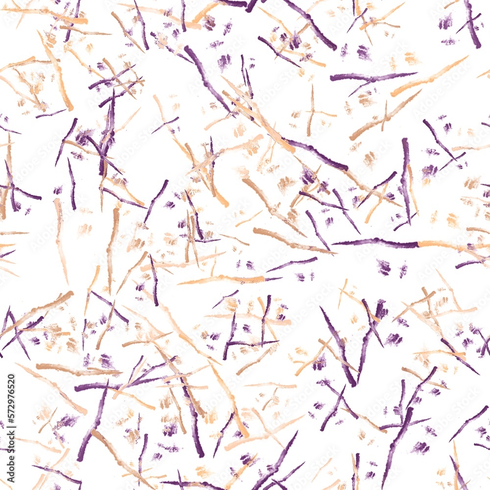 Abstract thin watercolor brush strokes. Japanese texture. Purple, orange and brown colors on the white background. Seamless pattern