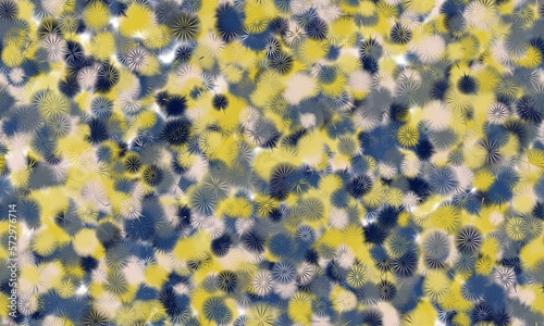 Multicolored chaotic circles with floral or spark pattern. Seamless background. Blue, beige and yellow colors and shades on the white background