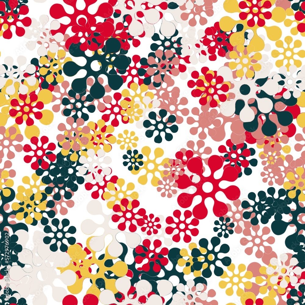 Deep blue, yellow, red, white and orange flowers on the white background. Seamless pattern, retro style.