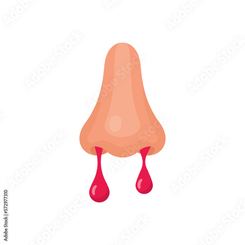 Blood with the nose. Drops of blood flow from the nose of a man. Symptoms of an unhealthy person. Signs of illness. Vector illustration flat design. Isolated on white background.