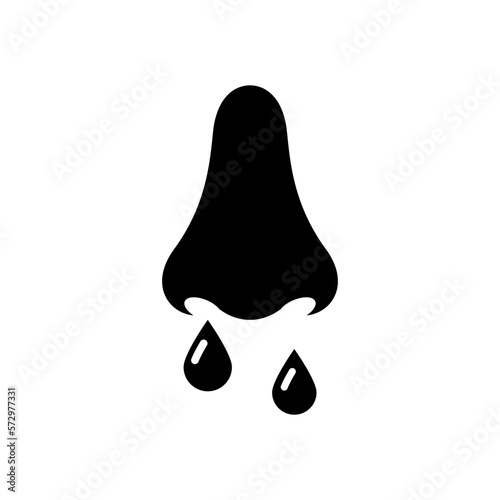 Blood with the nose black icon. Drops of blood flow from the nose of a man. Symptoms of an unhealthy person. Signs of illness. Vector illustration flat design. Isolated on white background.