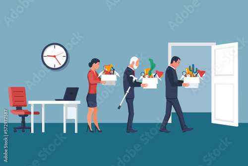 Downsizing concept. Dismissal of employees. Sad people with a box in their hands leave work. Employee job reduction, unemployment, and the crisis in the job. Vector illustration flat design.