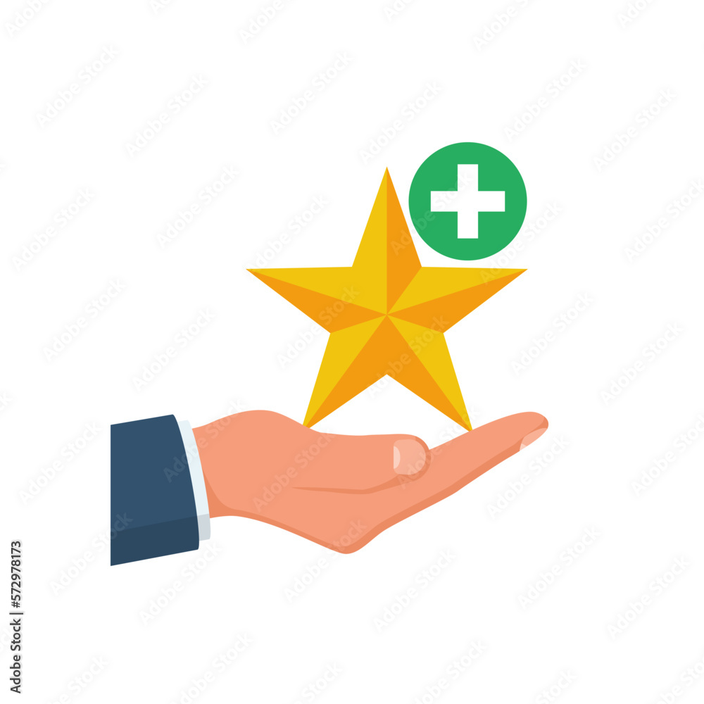 Value-added icon. A star with a plus sign above the hand. Vector illustration flat design. Isolated on white background. Value-added icon. A star with a plus sign above the hand. Vector illustration flat design. Isolated on white background.