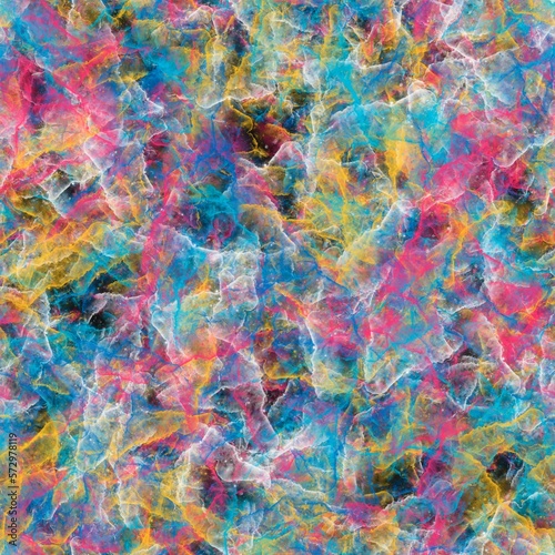 Abstract pink, blue, yellow, white and black transparent brush strokes. Marble or cosmic pattern. Seamless background.