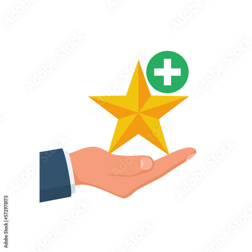 Value-added icon. A star with a plus sign above the hand. Vector illustration flat design. Isolated on white background.