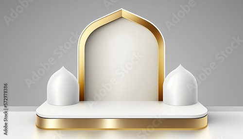 3D Render Ramadan Islamic Podium background for Product Display, white gold, luxury Abstract scene background. islamic ornament ,ramadhan product presentation, mock up, by ai generative