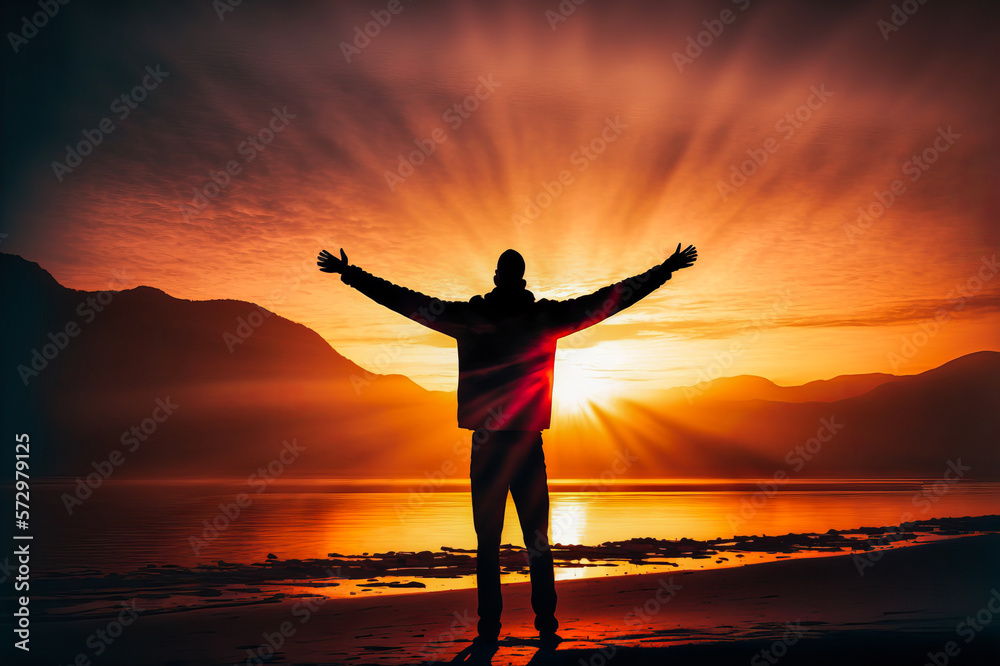 A person stands with arms stretched out in front of a stunning sunset, their face lit up with pure joy. Witness a feeling of pure happiness with renewable energy solutions. Generative AI