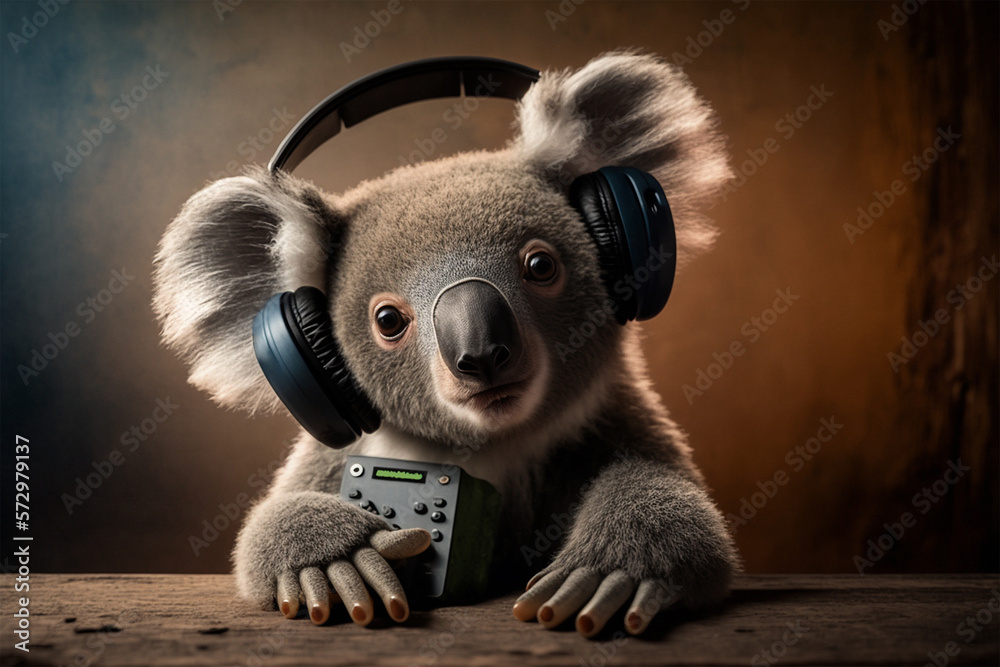 Obraz premium Curious fluffy koala wearing headphones and listening podcast about healthy eating. Generative AI