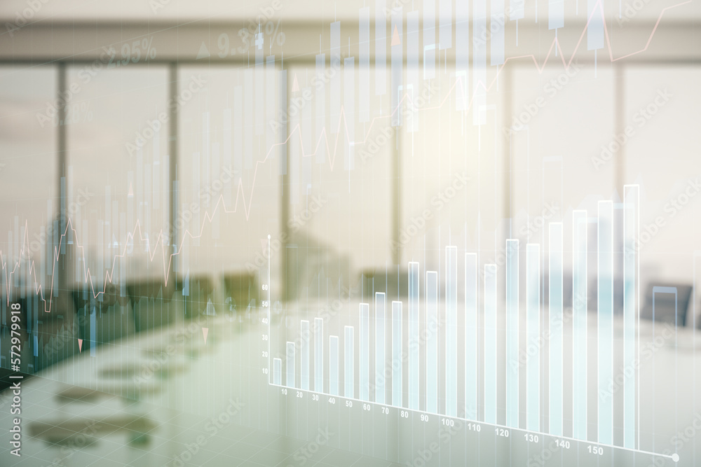 Multi exposure of virtual creative financial chart hologram on a modern meeting room background, research and analytics concept Multi exposure of virtual creative financial chart hologram on a modern meeting room background, research and analytics concept