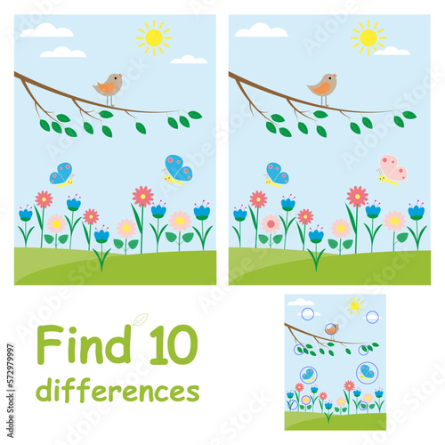 Educational game for children. Find 10 differences. Spring landscape, bird, butterflies and flowers.