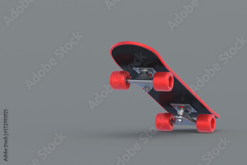 Skateboard on gray background. Hobbie and leisure. Sports equipment. Copy space. 3d render © OlekStock