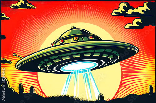 Extraterrestrial UFO Flying Saucer, dynamic view, colorful illustration in Retro 60s and 70s Poster Style, generative ai