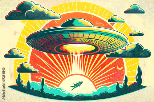 Extraterrestrial UFO Flying Saucer, dynamic view, colorful illustration in Retro 60s and 70s Poster Style, generative ai