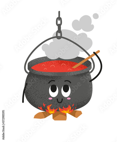 Happy black cauldron on the campfire, hand drawn vector illustration. Cute pot cook the dinner. Playful cartoon character with happy face. Camping concept element for children books.