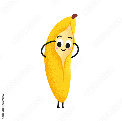 Cute banana vector illustration. Funny hide and seek banana. Open yellow banana peel. Cartoon smiley face for kids. Healthy and happy fruit character. Minimal flat designed fruit.