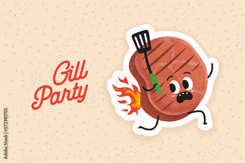 Grill party vector illustration design.  Cute grill meat running with barbecue turner. Funny BBQ ham run with burning back. Beef steak with barbecue tool. Invitation card design element.