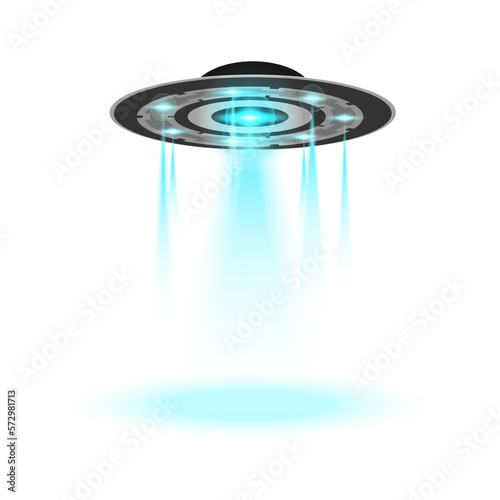 Futuristic alien UFO spaceship with blue light. Futuristic sci-fi spotlight from spaceship isolated on black effect. Flying saucers and spotlights abduct Vector illustration.