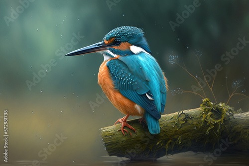 Beautiful and Serene Kingfisher Perched on a Branch in its Natural Habitat: Captivating and Peaceful Wildlife Photography for Nature Lovers and Birdwatchers, Generative AI