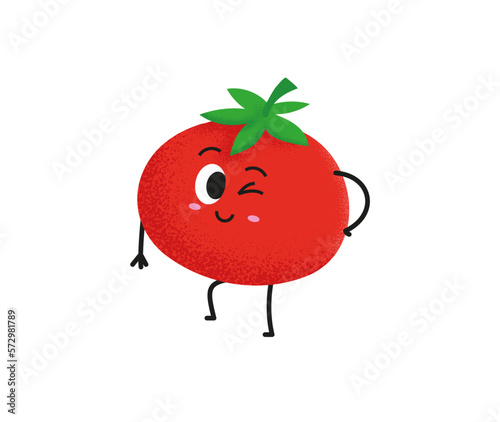 Cute tomato character design. Happy vegetable vector illustration. Cartoon tomato flat design for children books. Green food, can be used in restaurant menu, cooking books and organic farm label