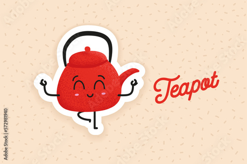 Cute red porcelain teapot standing on one leg. Yoga exercise and balance practice. Funny cartoon character vector illustration. Happy sticker as a gift.