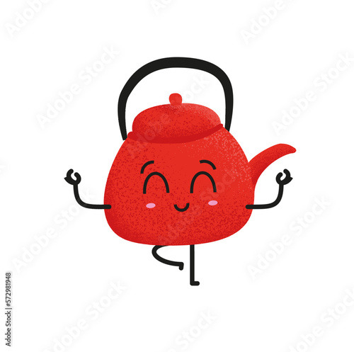 Cute red porcelain teapot standing on one leg. Yoga exercise and balance practice. Funny cartoon character vector illustration.