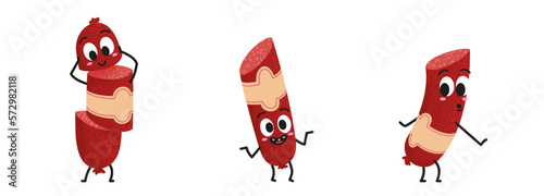 Cute sausage friends with funny face. Traditional Hungarian salami meat characters. Happy cartoon vector illustration. Three playing sausages for children books. Grill party design element