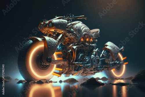 Futuristic bike motorcycle concept design with neon rims space galaxy background 3D render made with generative ai