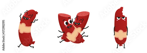 Cute sausage friends with funny face. Traditional Hungarian salami meat characters. Happy cartoon vector illustration. Four playing sausages  for children books. Grill party design element