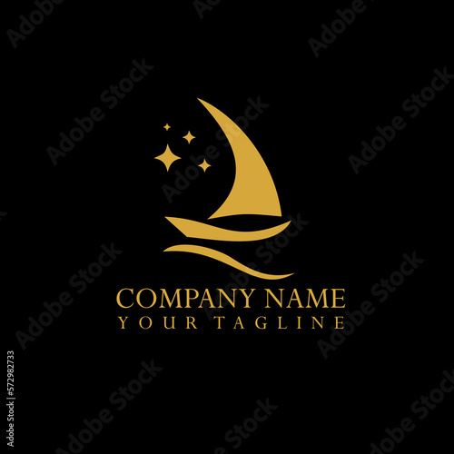 Yacht with Stars for sailing at Night, Fisherman Sailboat on the Ocean Sea Wave Silhouette logo design.