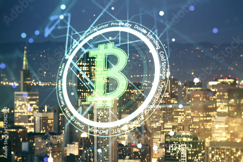 Virtual Bitcoin sketch on San Francisco cityscape background. Double exposure