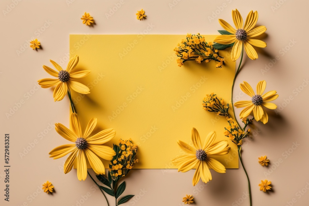 Top view of yellow flowers on yellow background with copy space. Spring motives. Top view of yellow flowers on yellow background with copy space. Spring motives.