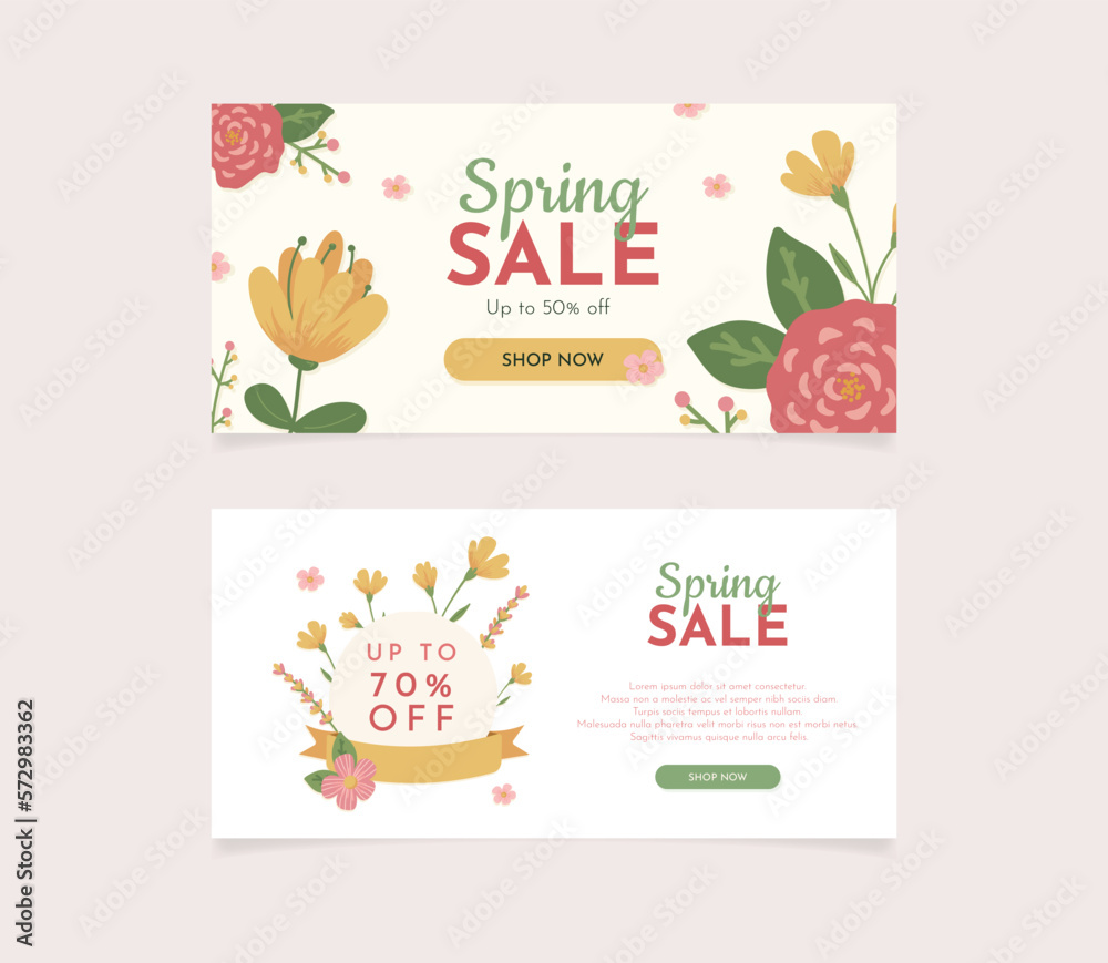 Naklejka premium spring sale horizontal vector banner. hand-drawn