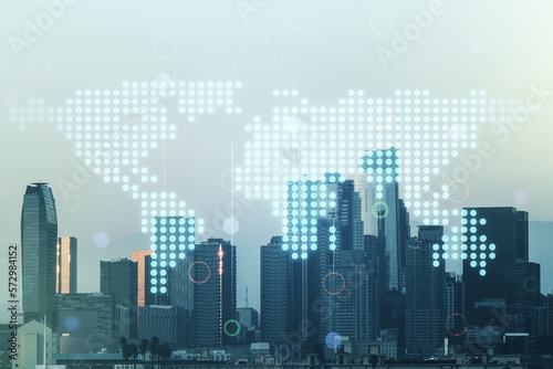 Abstract creative digital world map on Los Angeles cityscape background, globalization concept. Multiexposure © Pixels Hunter