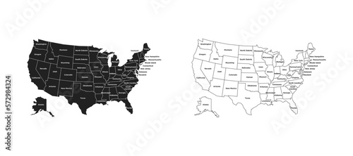 United States of America map. All states silhouettes with titles. Black and outline. Vector EPS 10